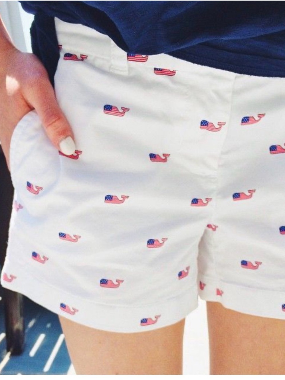 Vineyard Vines White Shorts with Red & Blue Flag Whale Print